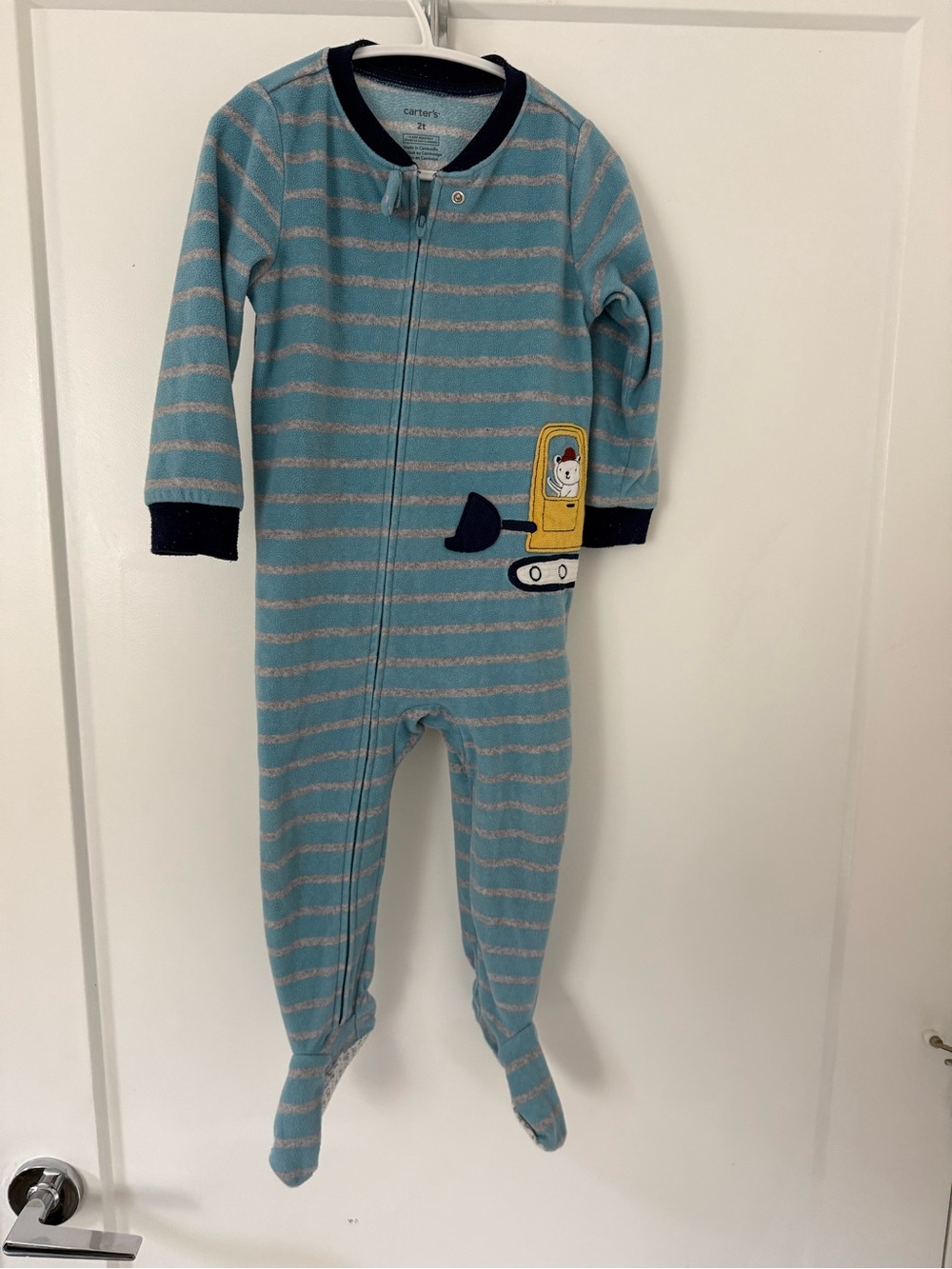 Carter's Light Blue Striped Footed One-Piece with Yellow Excavator